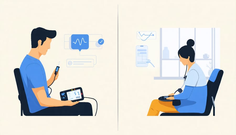 Patient measuring blood pressure with digital device while participating in virtual cardiac consultation