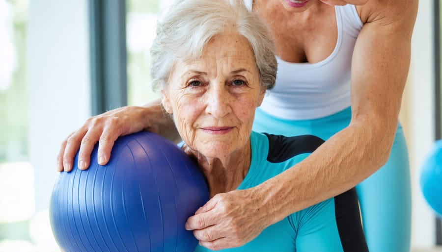 Professional instructor helping elderly woman maintain correct posture during an exercise