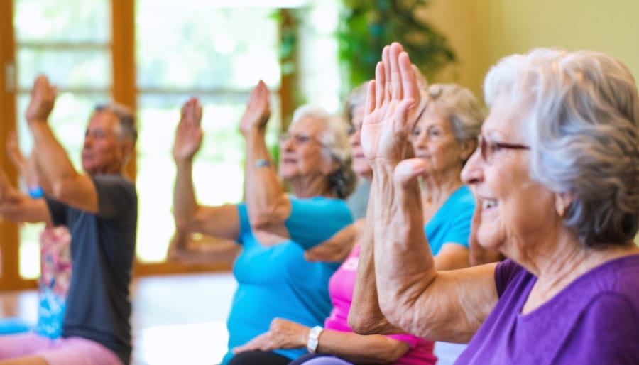 Happy seniors exercising together in a community fitness class with resistance bands