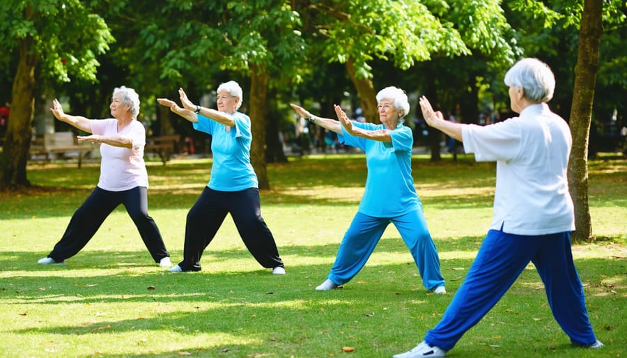 Diverse group of seniors performing gentle tai chi movements together in a sunny park
