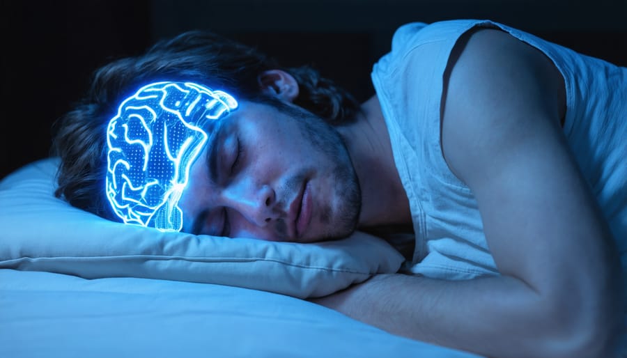 EEG monitor showing sleep wave patterns with peaceful sleeping person