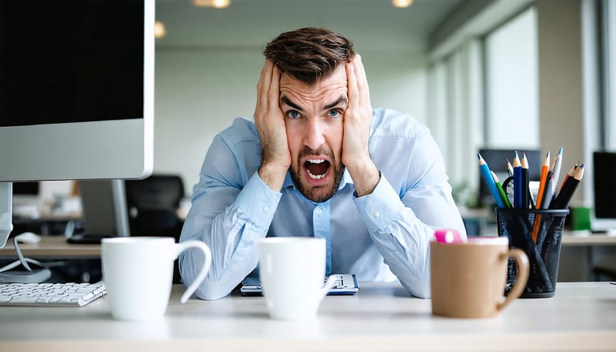 Office worker displaying signs of sleep deprivation at their workplace