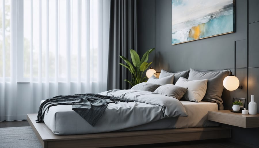 Bedroom environment optimized for menopausal sleep with cooling bedding, temperature control, and blackout curtains