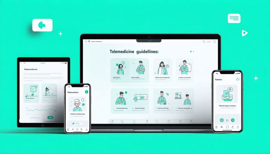 Various devices displaying telemedicine applications and software interfaces