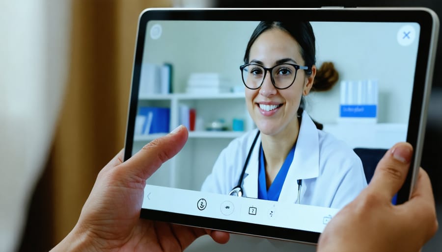 Doctor and patient discussing diabetes management during a virtual consultation, with glucose monitoring data visible on screen