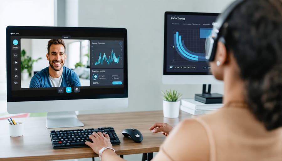 Healthcare professional conducting virtual consultation alongside fitness tracking interface