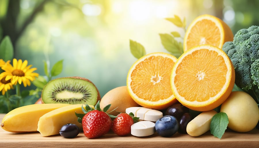 Arrangement of foods high in vitamin D including salmon, eggs, mushrooms, and fortified dairy products