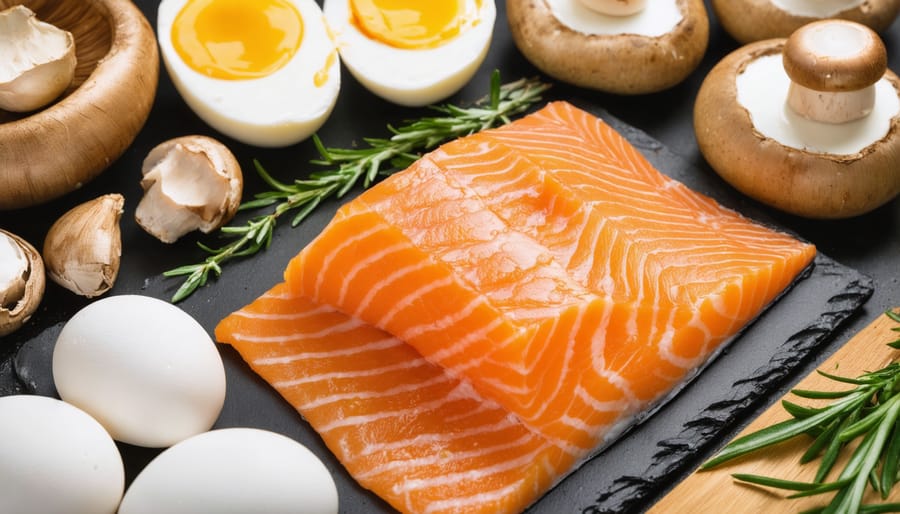Array of common foods high in vitamin D arranged on a wooden surface