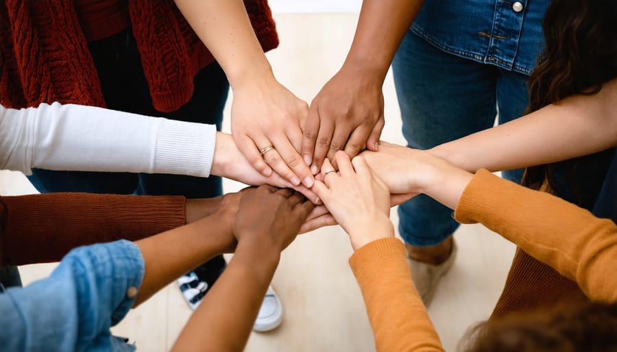 Women of different ages and backgrounds forming a supportive circle together