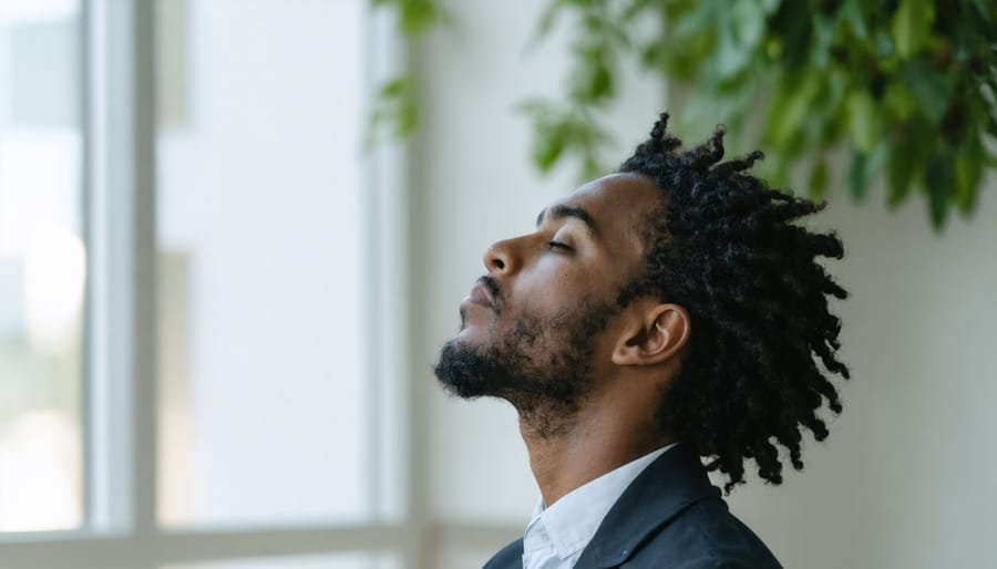 Professional demonstrating proper hand position for alternate nostril breathing at their desk