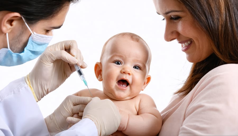 Medical professional giving vaccination to infant while parent holds them