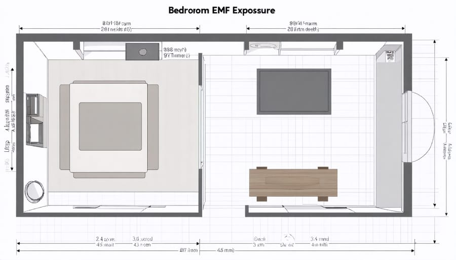 Bedroom layout diagram showing recommended distances between electronics and sleeping area