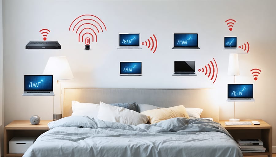 Common bedroom EMF sources including smartphone, Wi-Fi router, alarm clock, and laptop