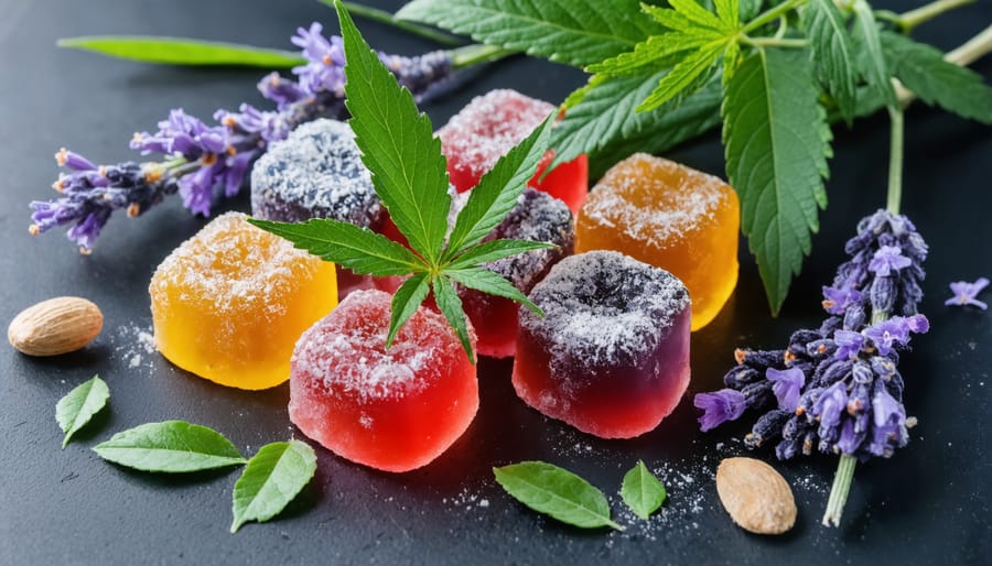 Assorted CBD gummies with natural hemp leaves and calming herbs