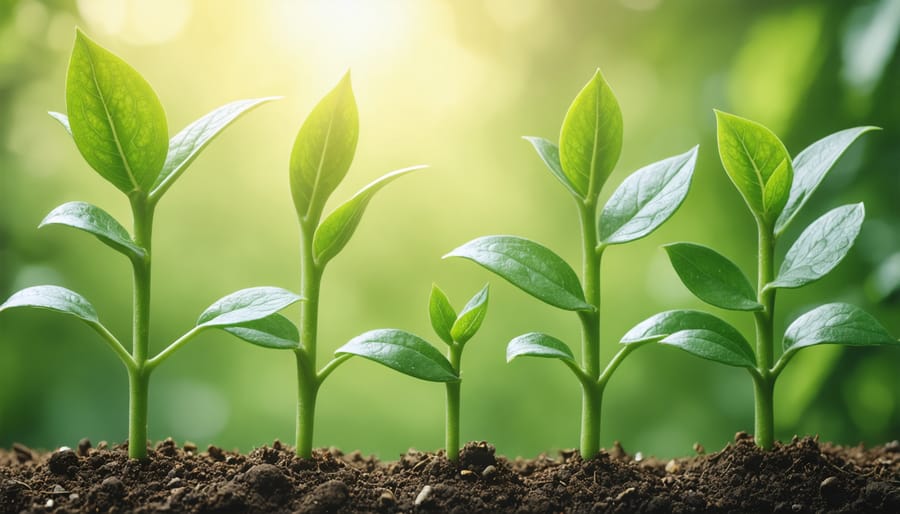 Young green sprouts emerging from dark fertile soil