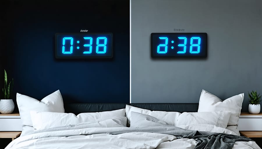Side-by-side comparison of bright digital clock and traditional analog clock in dark bedroom