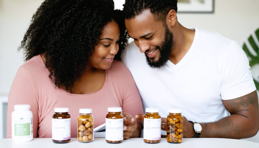 Couple examining vitamin supplement bottles in kitchen setting