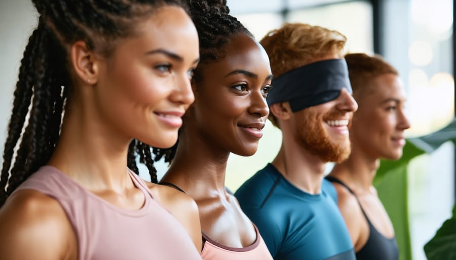 Group of diverse people exercising together outdoors while using fitness technology