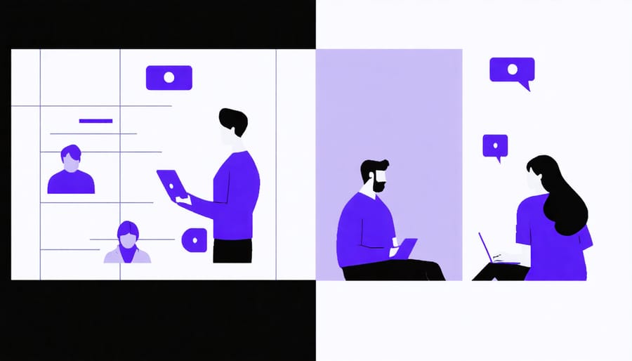 Side-by-side comparison of in-person gathering and video call meeting