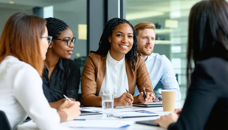 Diverse group of business professionals having a meeting in modern office setting