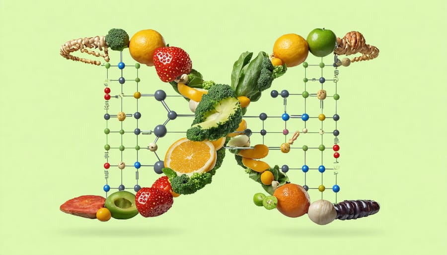 Artistic representation of DNA structure with food molecules and nutrients