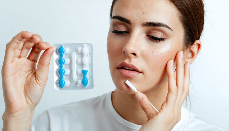 Individual performing a DNA sample collection using a cheek swab test kit
