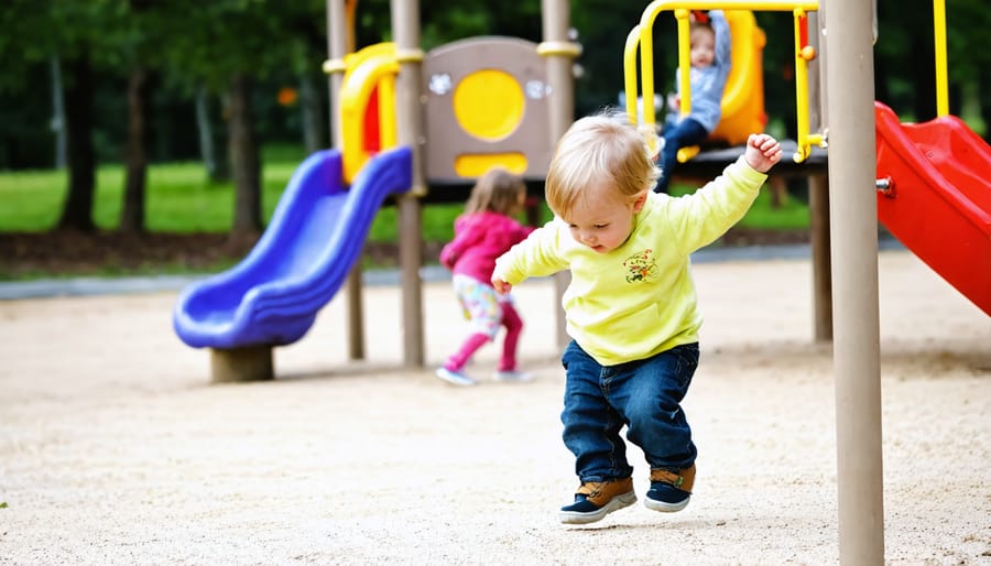 Young child demonstrating gross motor skills on a playground climbing frame