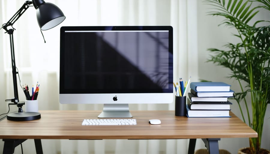 Ergonomically arranged office workspace with adjustable furniture and proper monitor positioning
