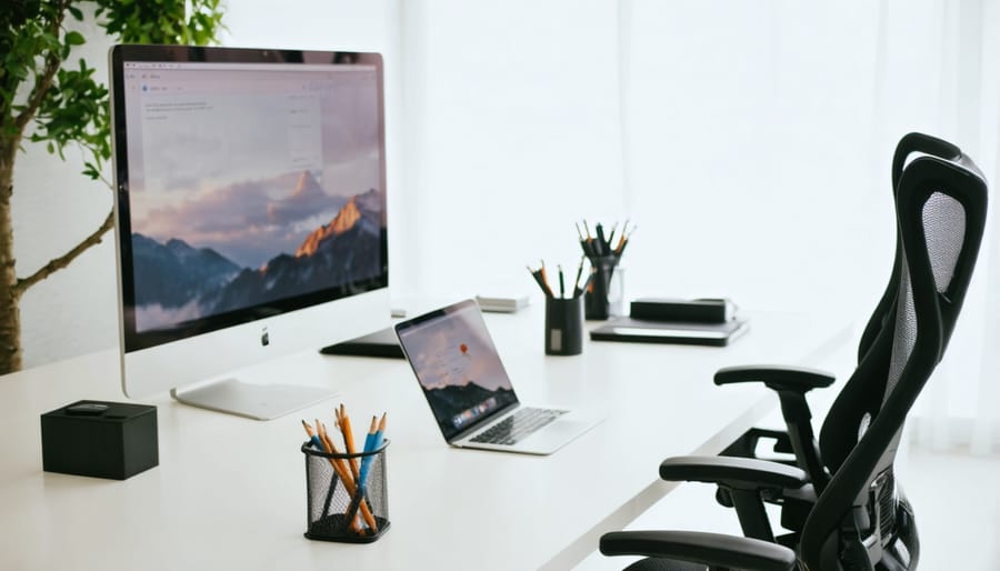 Ergonomic office setup featuring adjustable desk and supportive chair