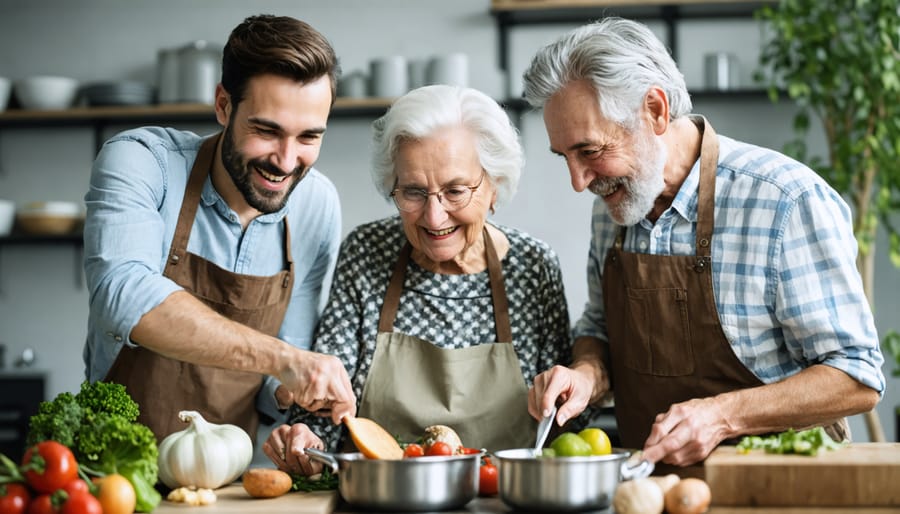 Multi-generational family cooking together in bright kitchen