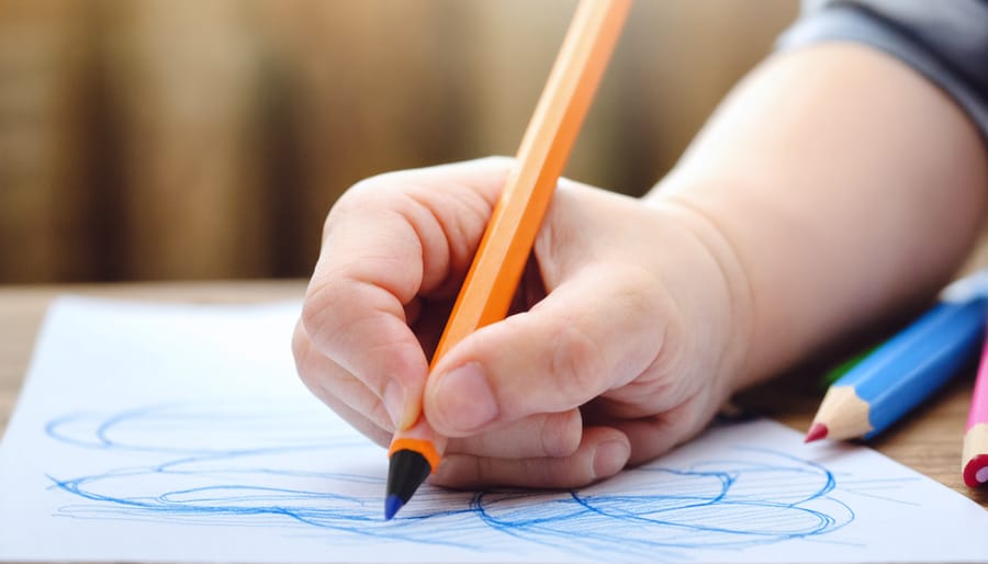 Child demonstrating proper pencil grip while drawing with a crayon