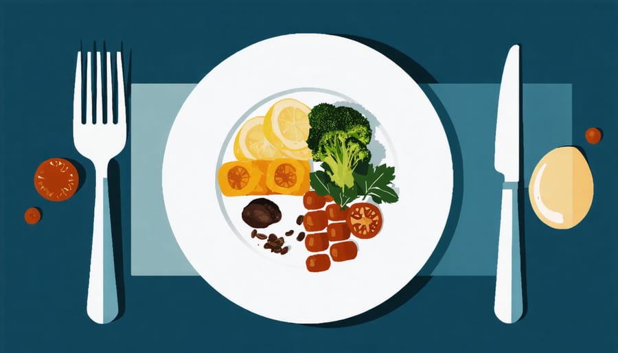 Overhead view of thoughtfully arranged colorful meal with various textures
