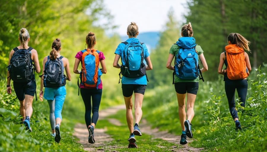 Three people hiking together on mountain trail through forest at sunset