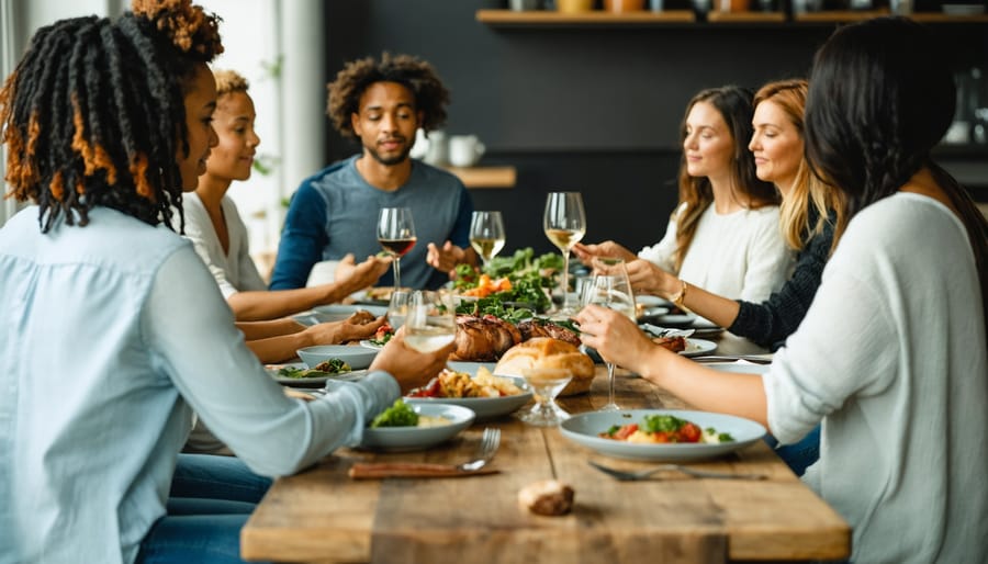 Group of people sharing a mindful meal together outdoors
