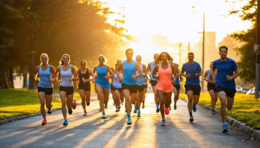 Group of diverse people jogging together on a tree-lined park path at sunrise