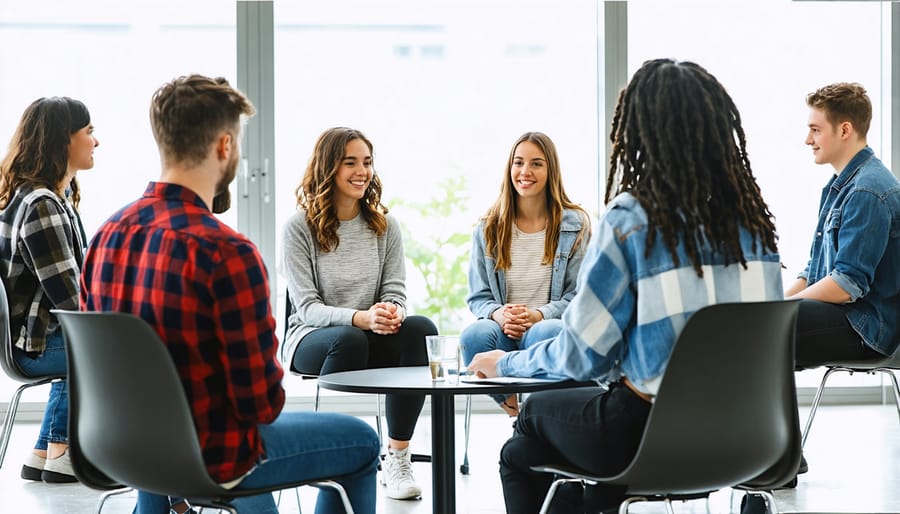 Young adults of different backgrounds sitting in a circle during a therapy session