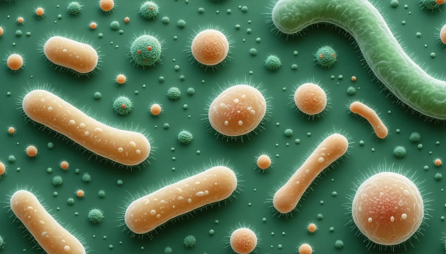 Colorized microscope image showing different types of beneficial gut bacteria