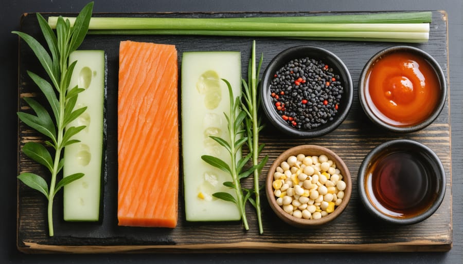 Balanced meal featuring probiotics, fiber-rich foods, and fermented items