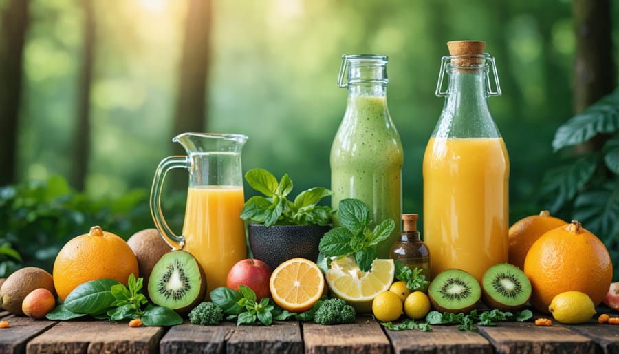 Person doing yoga pose in garden surrounded by growing vegetables and herbs