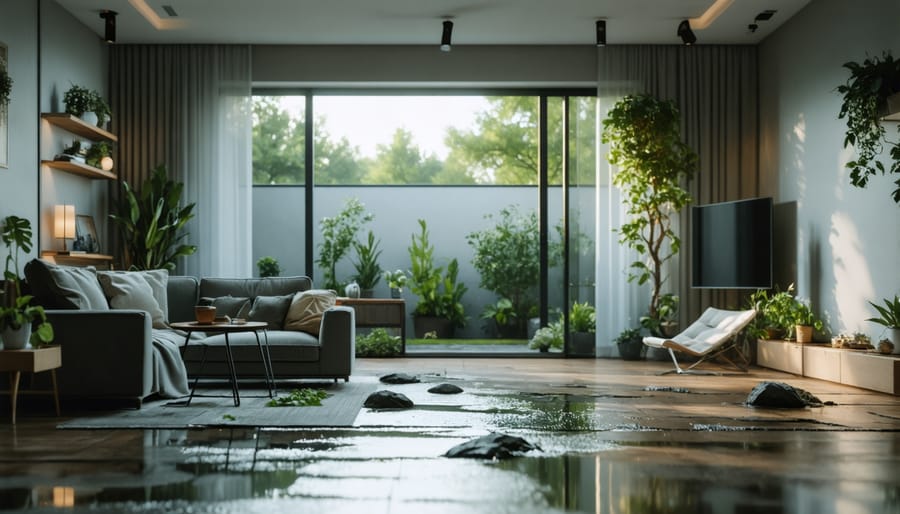 Close-up of damaged wall showing water damage and peeling paint