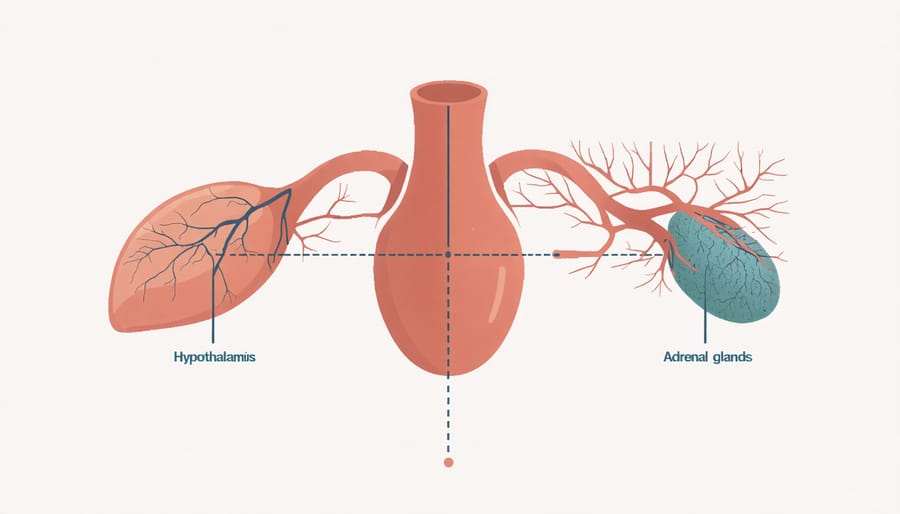 Medical illustration of the HPA axis showing connections between hypothalamus, pituitary, and adrenal glands