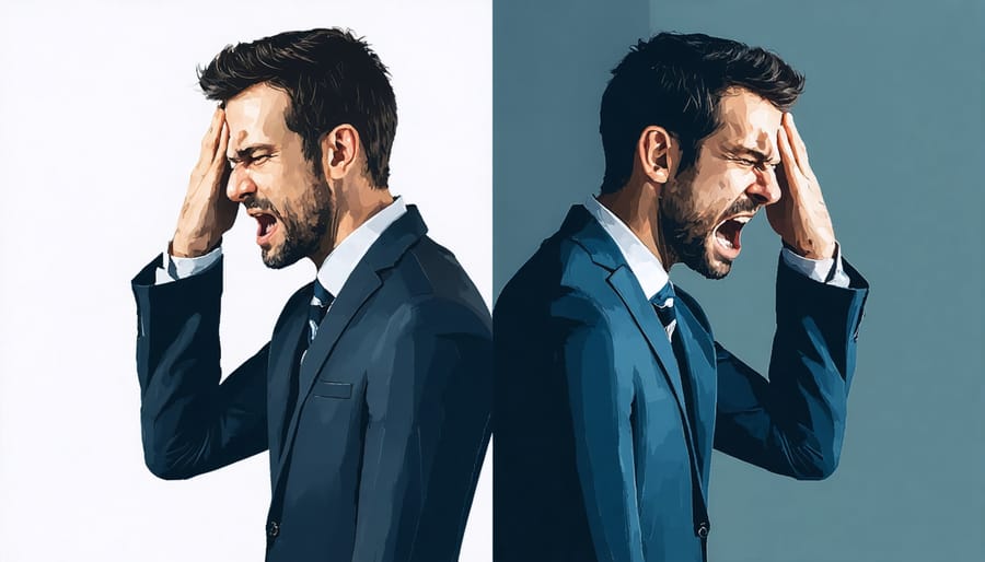 Split-view portrait showing the contrast between a man's public stoic expression and private emotional struggle