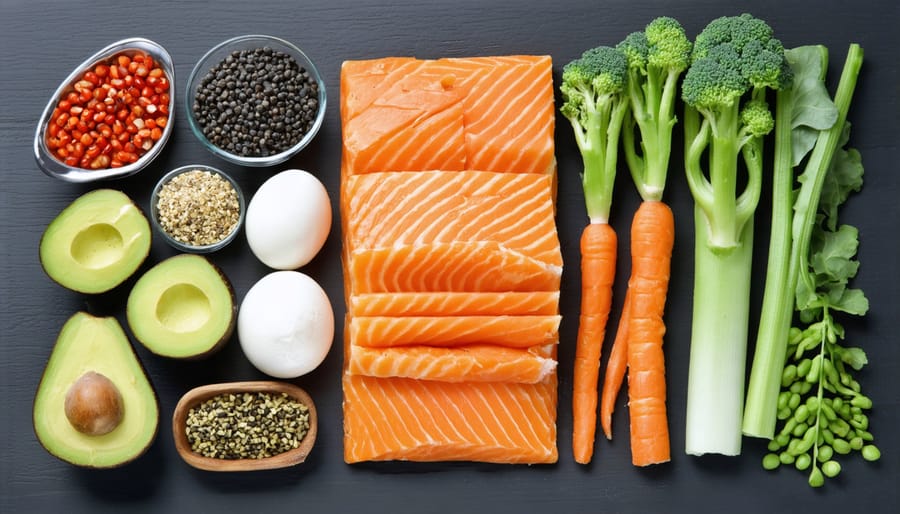 Colorful spread of nutritious foods including salmon, leafy greens, nuts, and whole grains