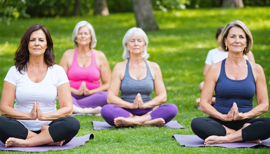 Women in their 40s and 50s performing yoga poses together in a serene garden