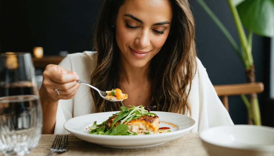 Woman practicing mindful eating meditation while holding a bowl of soup