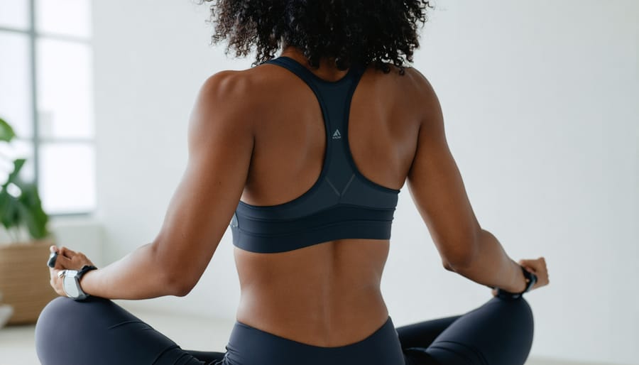Person meditating while wearing a fitness smartwatch in peaceful home setting