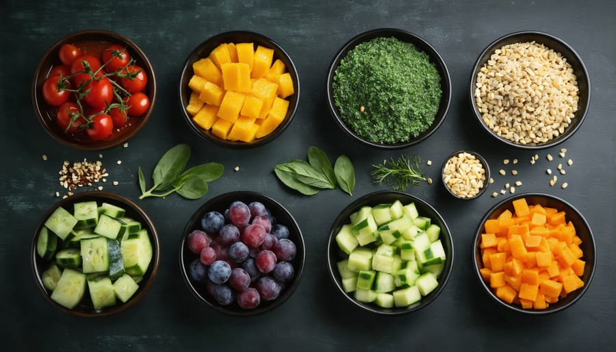 Hands preparing healthy meal with fresh ingredients on white plate