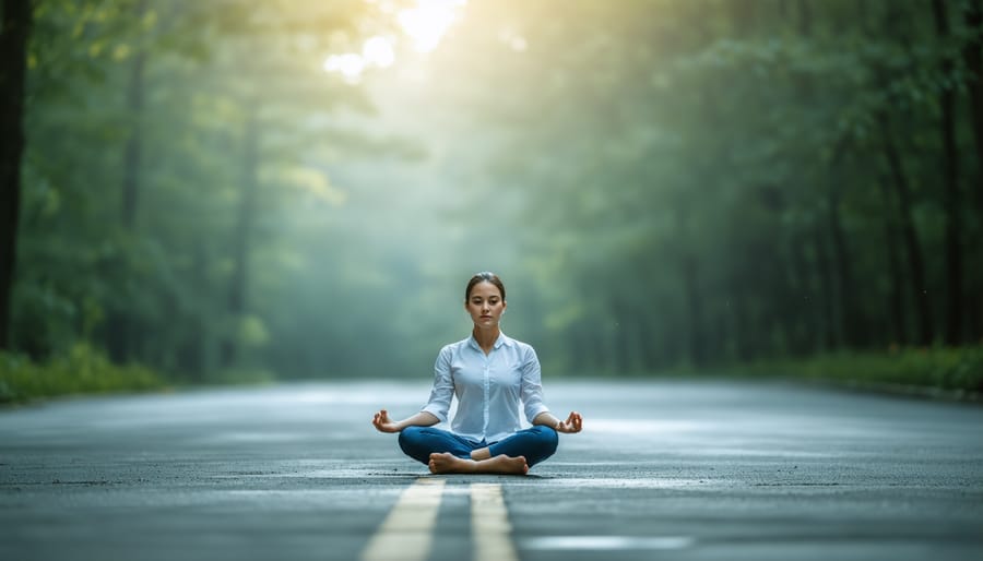 Person looking overwhelmed while surrounded by yoga equipment and exercise materials