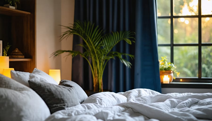 Person meditating in a calm bedroom setting with soft lighting