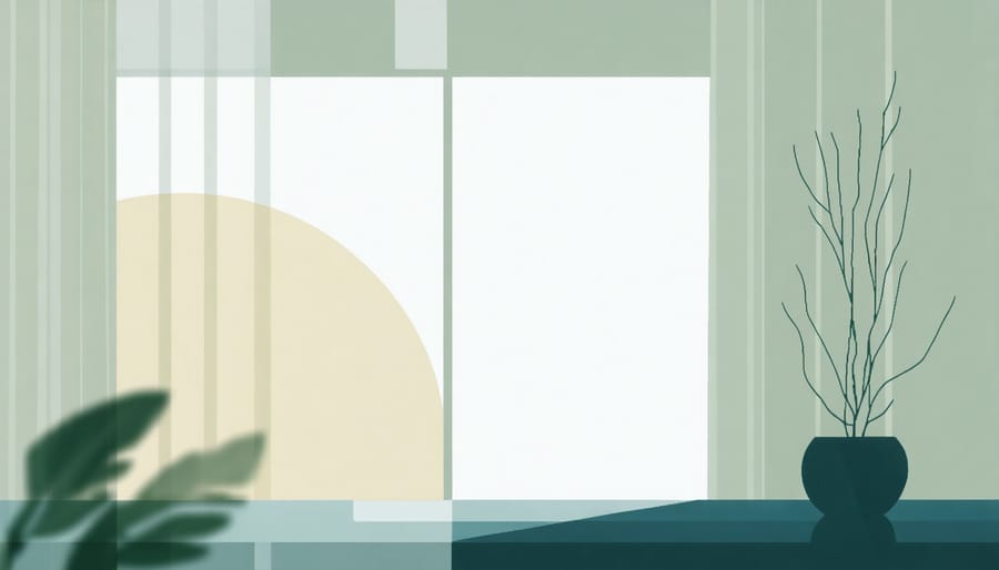 Sunlit bedroom window with flowing curtains and natural outdoor view